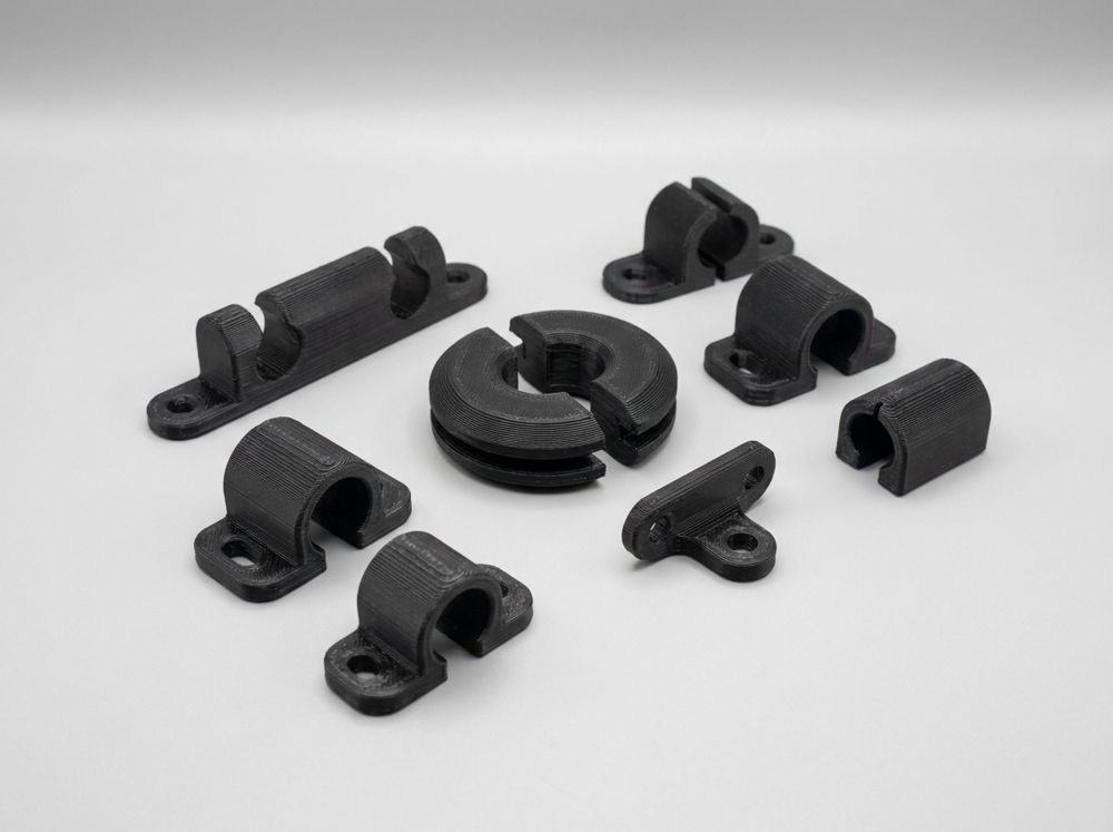 Concept render of eight black printed cable clips, clamps and a split grommet