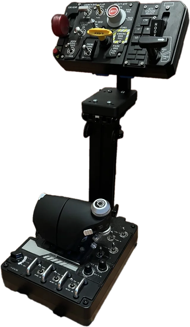 A flight sim control panel mounted on a black floor stand above a throttle, held in place by custom printed brackets